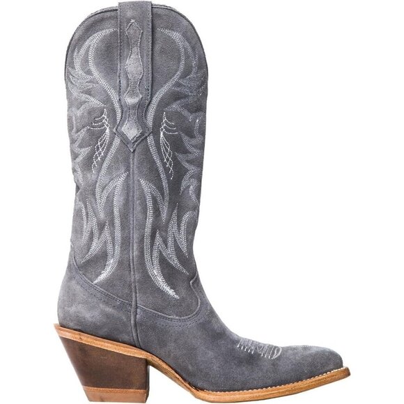 Womens Faux Suede Embroidered Pointed Toe Chunky Heel Pull On Cowboy Boots - Picture 2 of 6